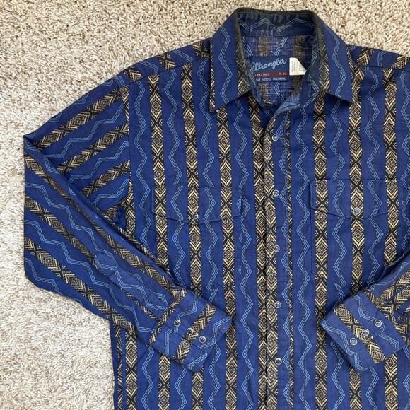 Wrangler X-Long Tails 15-33 Blue Aztec Pearl Snap Button Up Western Shirt Large - Picture 9 of 9